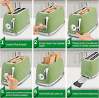 SUSTEAS Toaster 4 Slice Wide Slot, Stainless Steel Bread Bagel Toasters, Retro Long Slot Tostadora for Defrost, Reheat, Removable Crumb Tray, 1500W, 6 Browning Settings, Green