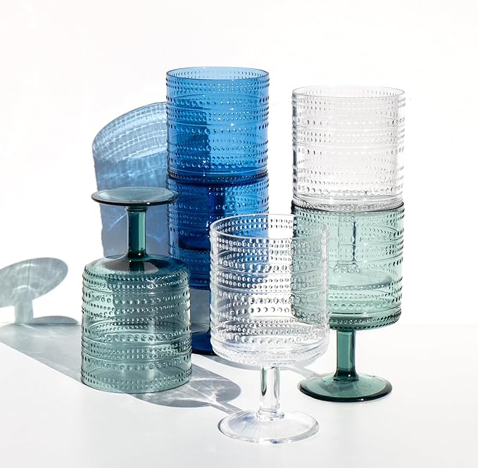 Beaded 14 oz Durable Acrylic Wine Glasses, Shatter-Resistant and Dishwasher-Safe Indoor/Outdoor Drinkware, Glass for Wine, Sangria, and Spritzers - Clear - Set of 6