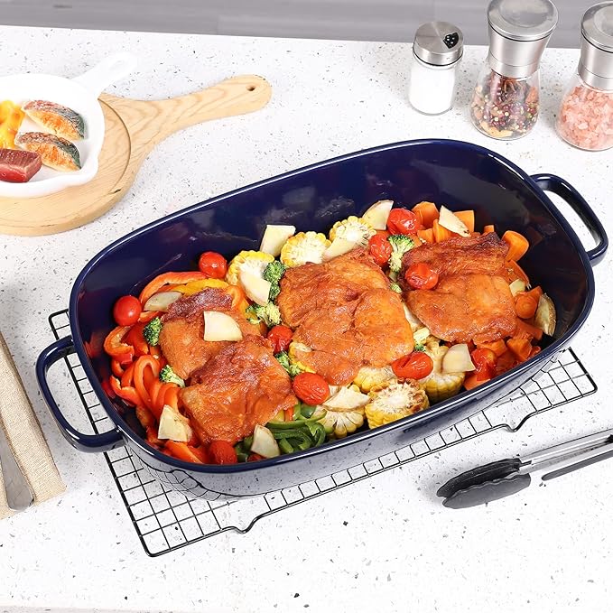 6 Quart Large Rectangular Baking Dish, 16x11 Inches Ceramic Baking Pan Casserole Dish for Cooking,Kitchen and Daily Use, Safe for Oven Microwave Refrigerator Disinfection Cabinet and Dishwasher,Blue