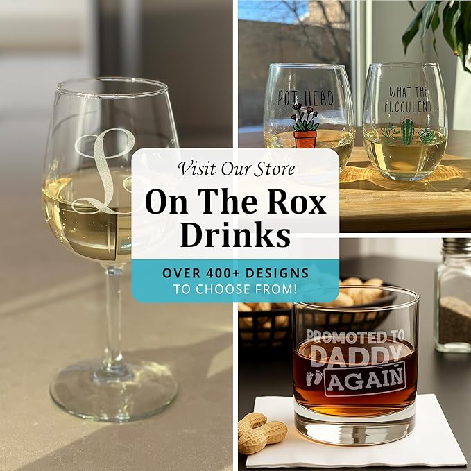 On The Rox (W-Monogram)- 4 Piece Set of 11 Ounce Engraved Heavy Base Rocks Glasses- Quality Elegant Glass-Multi-Purpose Beverage-Rocks Glass- For any Occasion