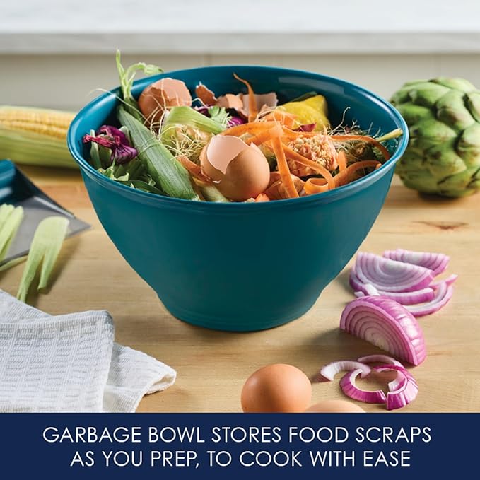 Rachael Ray Tools and Gadgets Kitchen Prep, Garbage Bowl with Lid, Bench Scrape, Veggie Peeler, 4 Piece Food Prep Set - Marine Blue