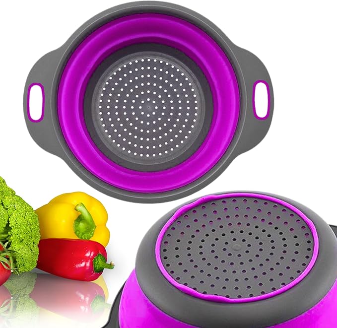 Black and Purple Food Strainer for Kitchen - Small Silicone Colander with Handle for Camping Multifunctional Strainer for Spaghetti and Pasta