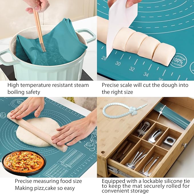 Silicone Pastry Mat 24" x 16" Extra Thick Non Stick Baking Mat with Measurements and Edge Heightening, Food Grade Silicone Rolling Mat for Pastry, Bread, Cookies, Pizza, Fondant, Pasta
