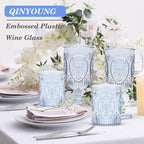 Qinyoung 12 Plastic Vintage Drinking Glasses 8.5oz Stemless Retro Embossed Wine Glasses Shatterproof Reusable Cups for Baby Shower Wedding Reception Grand Event Party (Blue)