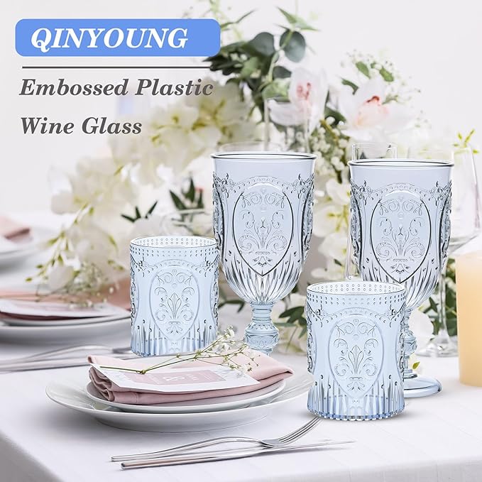 Qinyoung 6 Plastic Vintage Drinking Glasses 8.5oz Stemless Retro Embossed Wine Glasses Shatterproof Reusable Cups for Baby Shower Wedding Reception Grand Event Party (Blue)