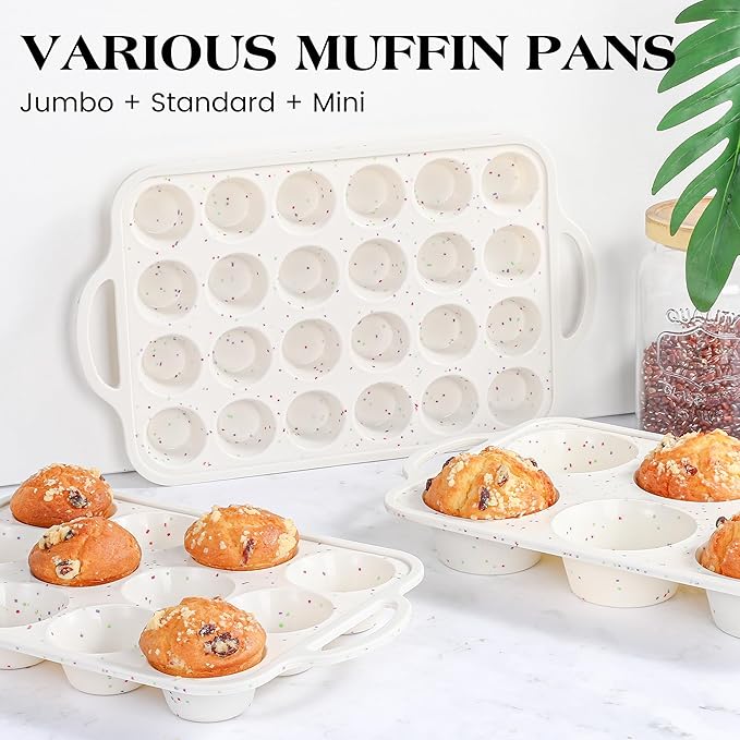 1 Pc Mini Muffin Pan with Metal Reinforced Frame, 24 Cups Nonstick Silicone Cupcake Tray for Baking, Food Grade Small Muffin Molds with Handles (Cream)
