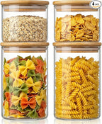 32oz & 21oz - 4 Pack Glass Jars with Bamboo Lids, Glass Pantry Storage Containers with Airtight Lids, Round Air Tigh Food Storage Canisters for Cereal, Pasta, Flour, Sugar, Best for Kitchen Organizer