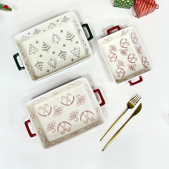 Domini Casserole Dishes for Oven, Ceramic Baking Dishes for Oven Set of 2, Lasagna Pan Deep, Baking Pan Set Square Casserole Dish Set with Handles for Baking, Pattern Green(11.4+8.5inch) Christmas