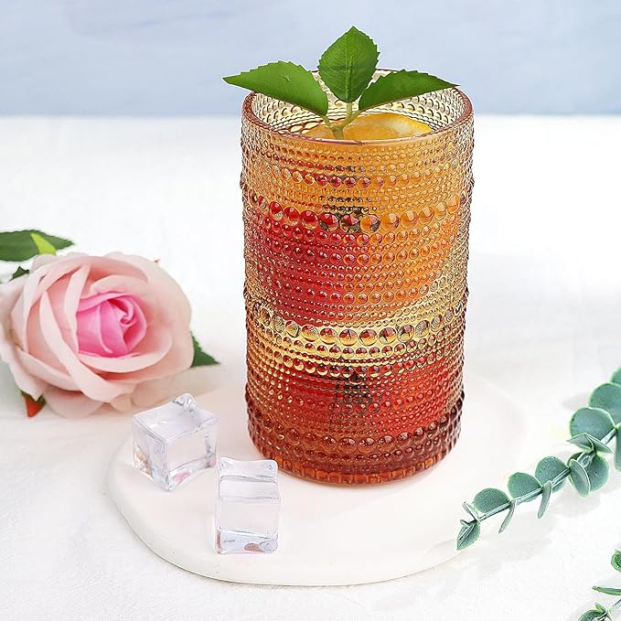 Hobnail-Drinking Glasses 13oz Vintage Glassware Sets Cocktail Juice Glasses Set of 6, Amber