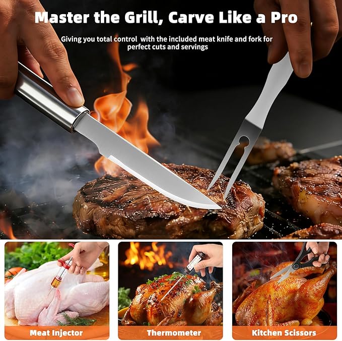BBQ Grill Accessories, 32Pcs Grilling Gifts for Men Birthday Fathers Day, Heavy Duty Stainless Steel Grill Tool Set, Grill Utensils Kit for Outdoor Grill with Case, Thermometer & Meat Injector