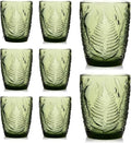 Vintage Green Drinking Glasses Set of 8 - 10 oz Hand-Pressed Deep Textured Glass Cups, Fern Embossed Retro Vintage Glassware, Decorative Cocktail Tumblers for Home & Bar, Colored Drinkware Gift Set