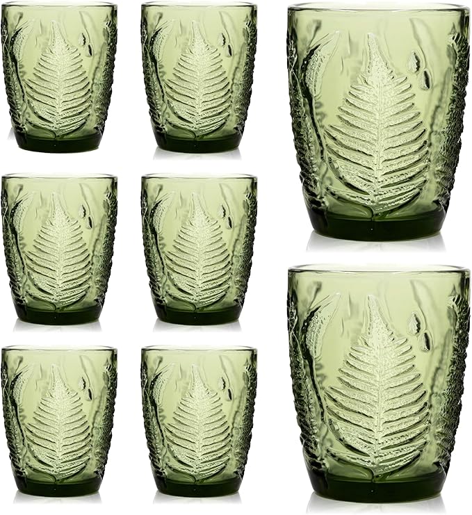 Vintage Green Drinking Glasses Set of 8 - 10 oz Hand-Pressed Deep Textured Glass Cups, Fern Embossed Retro Vintage Glassware, Decorative Cocktail Tumblers for Home & Bar, Colored Drinkware Gift Set