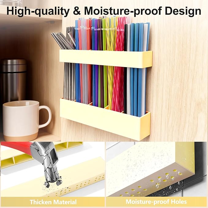 9.5” Large Acrylic Straw Holder for Cabinet Door, Reusable Adjustable Two-Part Straws Organizer with Ultra Sticky Adhesive Strips, 2026 Straw Storage for Kitchen Cupboard (Milky Yellow)
