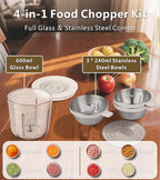 4-in-1 Small Food Processor Cordless Set with 600ml Glass Bowl, 3*240ml Stainless Steel Bowls & 3+4 Blades, USB-C Rechargeable Battery Mini Meat Vegetable Chopper, Electric Kitchen Blender, Mom's Gift