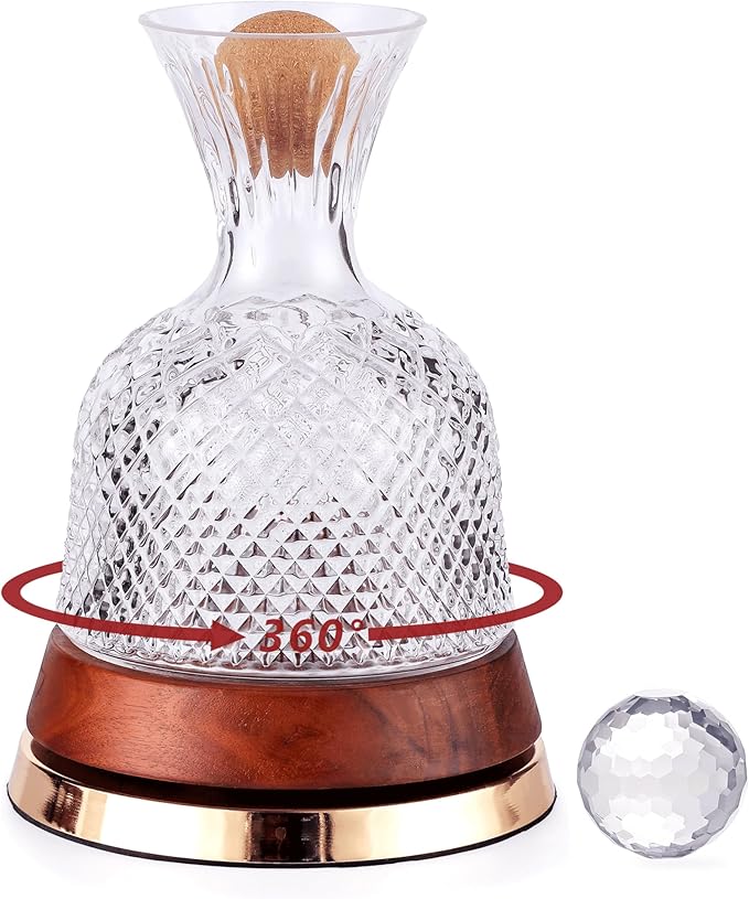 Rotating Wine Decanter with Wooden Base – 360° Spinning Wine Aerator for Fast Oxygenation, Crystal Clear Wine Carafe Decanter for Red Wine, Elegant Wine Decanter Set & Gift Choice