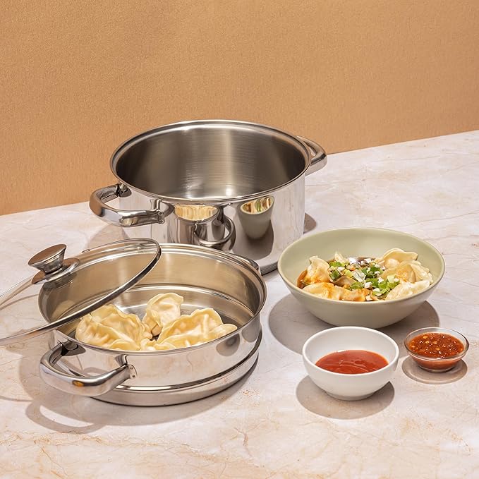 Vinod Stainless Steel 2-Tier Steamer with Glass Lid and Riveted Handles Ideal for Momo, Modak and More Induction and Gas Compatible 7.8 in 2-Year Silver