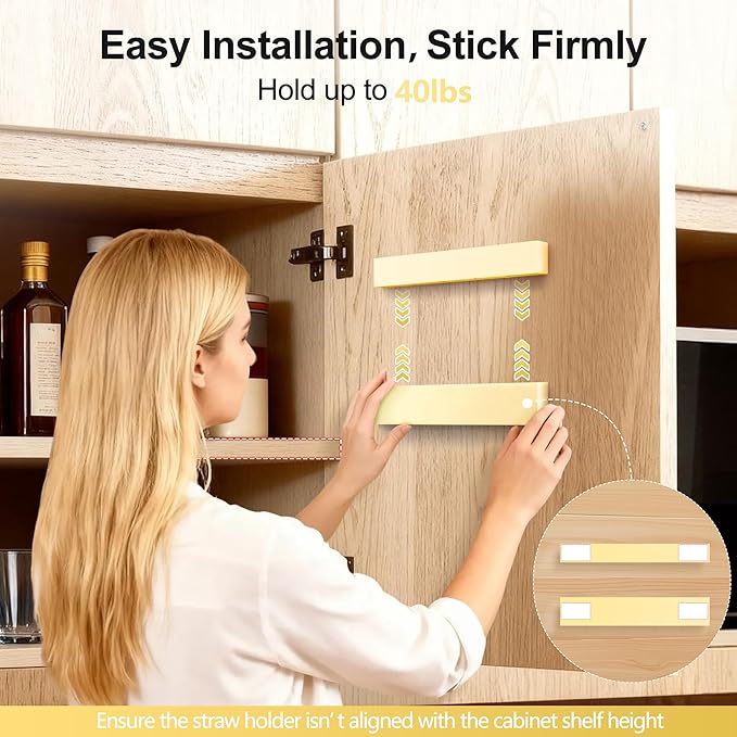 9.5” Large Acrylic Straw Holder for Cabinet Door, Reusable Adjustable Two-Part Straws Organizer with Ultra Sticky Adhesive Strips, 2026 Straw Storage for Kitchen Cupboard (Milky Yellow)