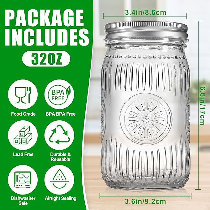 4 Pack 32 oz Wide Mouth Mason Jars with Airtight Lids - Glass Canning Jars for Food Preservation, Storage, Pickling, Crafts & DIY Projects, Durable Quart Glass Jars Dishwasher Safe