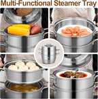 GOLDEN KEY 7.4 QT Steamer for Cooking, 2-Tier Multipurpose 18/8 Stainless Steel Steamer Pot with Lid for Vegetable, Seafood, Rice, Dumplings, Works with Gas Electric Induction Stove