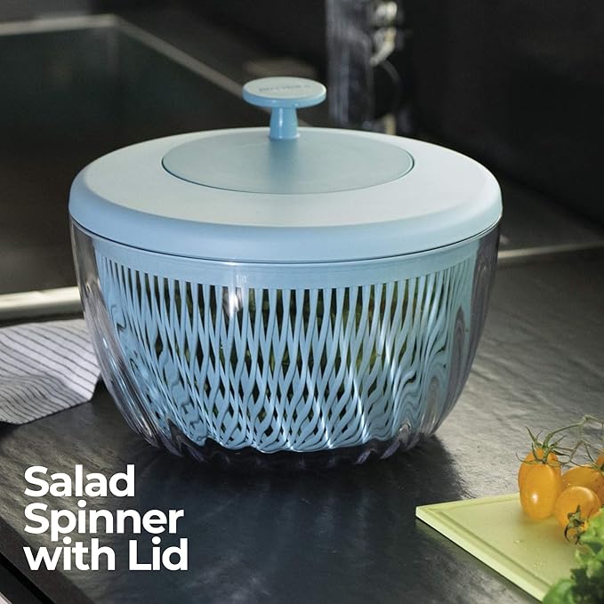 GUZZINI 10" Salad Spinner with Lid - Matte Blue, Wash, Spin & Dry Vegetables, Fruits, Salad, Built in Draining - Fruit Washer Fruit Dryer, Home Gadgets & Kitchen Tools