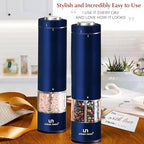 Electric Salt and Pepper Grinder Set - Battery Operated Stainless Steel Mill with Light (2 Mills) - Automatic One Handed Operation - Electronic Adjustable Shakers - Ceramic Grinders Blue