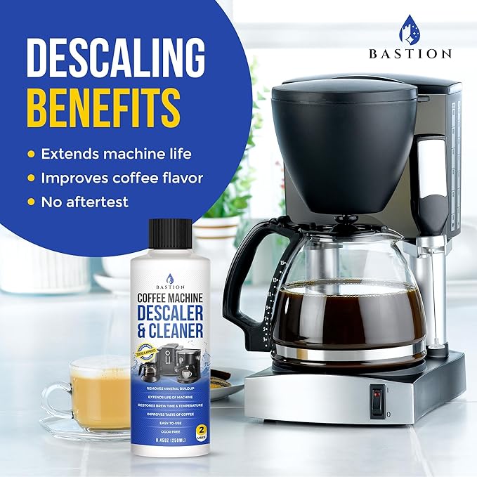 Bastion Coffee Machine Descaler & Cleaner - 4 Uses. (2 Bottles) Universal Descaling Solution Compatible with Keurig, Nespresso, Delonghi and All Single Use Coffee and Espresso Machines