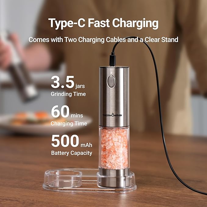 ThermoMaven Electric Salt and Pepper Grinder Set, 110ml Larger Rechargeable Automatic Salt and Pepper Mill Grinder with 6 Adjustable Coarseness, Electric Salt and Pepper Shakers, LED, Mint Green