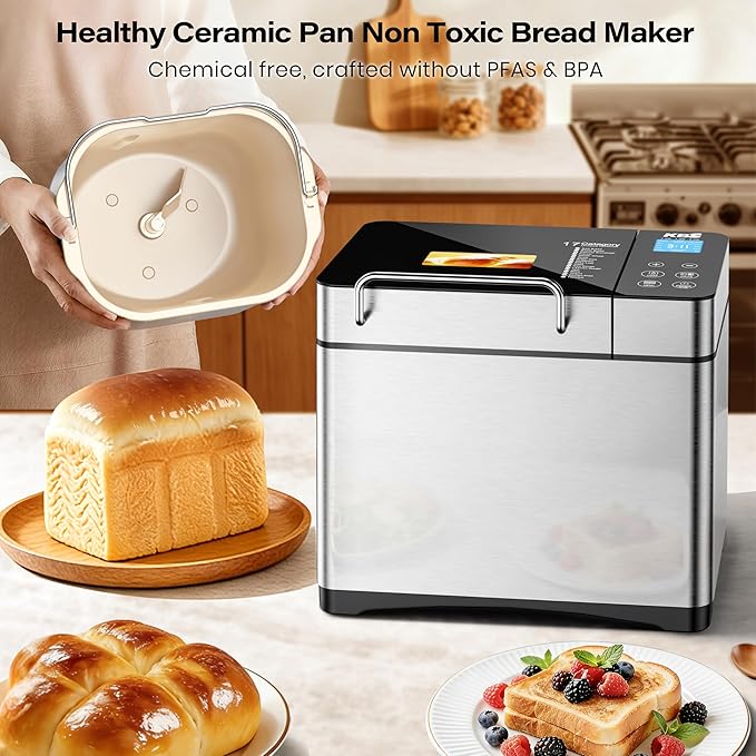KBS Pro 710W 2LB Bread Maker, Stainless Steel 17-in-1 Smart Bread Machine with Healthy Ceramic Pan, Automatic Nut Dispenser, Tempered Glass Touch Panel, 3 Crust Colors, 15H Timer& Keep-Warm, Recipes