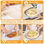 Pizza Stone 5 PCS Set, 15 x 12" Large Rectangle Pizza Stone Set for Oven and Grill with Metal Pizza Peels & Cutter Rocker, 0.6'' Thickened Stone Pizza Pan, Baking Stone for Pizza, Bread