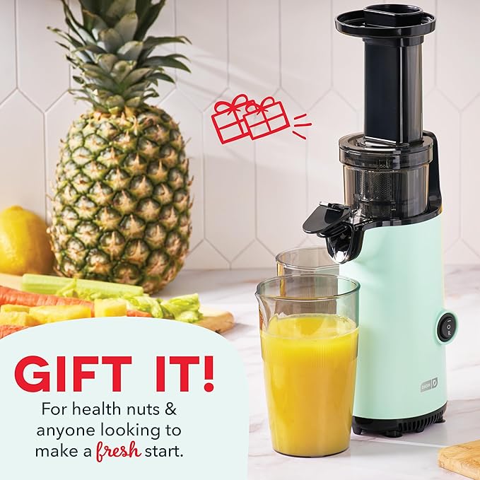 DASH Deluxe Compact Masticating Slow Juicer, Easy to Clean Cold Press Juicer with Brush, Pulp Measuring Cup, Frozen Attachment and Juice Recipe Guide - Aqua