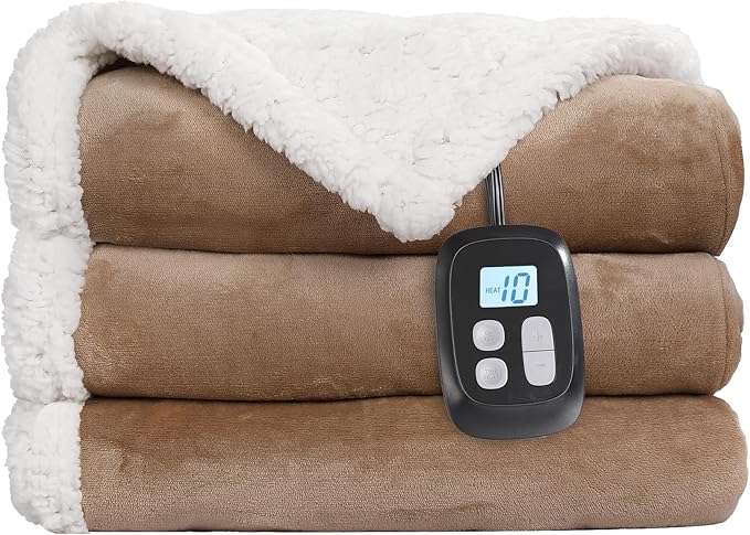 Electric Heated Blanket Full Size - 72"x84", Soft Flannel Heating Blanket, 10 Heating Levels, 1-12 H Auto Shut Off, Breathable Warm and Washable for Bed, Light Brown