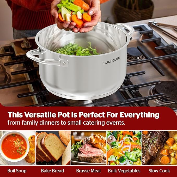 SUNHOUSE Stainless Steel Stock Pot - 13 Quart Heavy-Duty Induction Cooking Pot with Visible Lid for Pasta, Soup, Spaghetti - Nonstick Thick-Bottom Deep Stockpot for Canning, Boiling, and Simmering