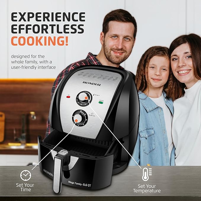 MONDIAL Air Fryer - 8.6 Quart Extra-Large Air Fryer, 2 Simple Dial Controls, 1800 Watts - Quick Heat Circulation Technology, Low Fat Cooking Less Calories - Removable Squared Basket - Black