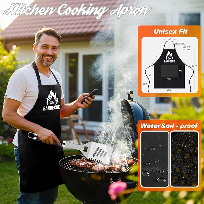ROMANTICIST 26pcs Stainless Steel Grill Tool Set, Heavy Duty BBQ Grilling Accessories Gifts for Men Dad, Non-Slip Grill Utensils Kit with Apron, Thermometer, Mats in Aluminum Case for Christmas Black