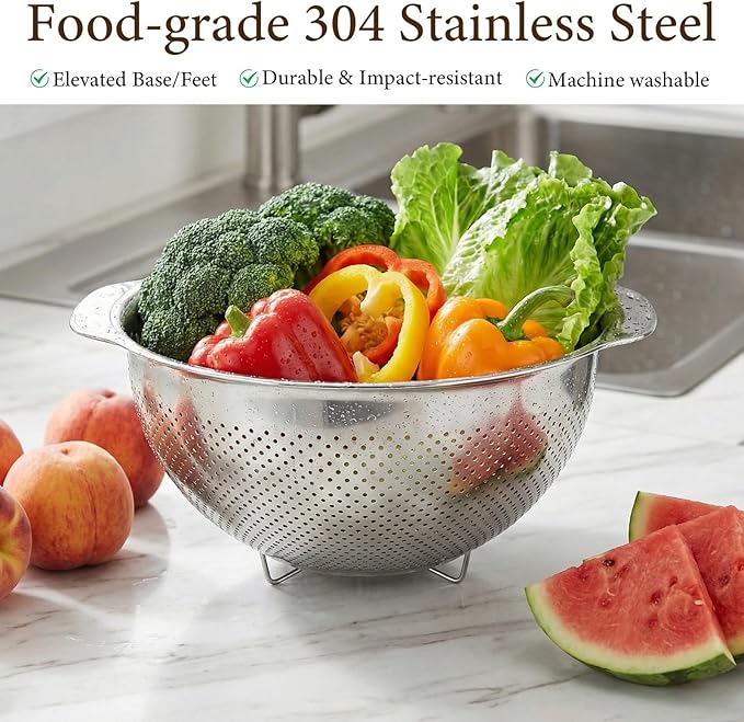 3 Pcs Stainless Steel Colander Strainer Set, Stainless Steel Strainer, Kitchen Gadget Food-Strainer Basket with Handle, Strainers and Colanders, Pasta-Strainer for Vegetable Cooking(2QT, 3QT, 5QT)