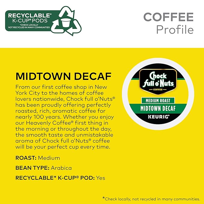 Chock Full o' Nuts Midtown Decaf Keurig K-Cup Pods for Keurig Brewers – Premium Arabica, Medium Roast – Single Serve – 6 Packs of 12 K-Cup Pods