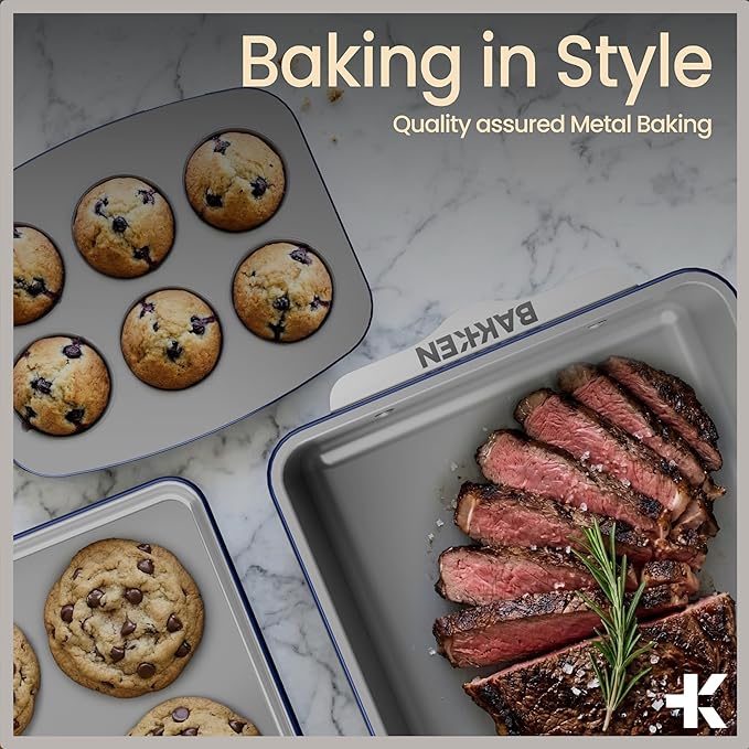 Bakken 8-Piece Stackable Bakeware Set – Ceramic Non-Stick, Oven-Safe Baking Sheets & Pans, PTFE/PFOA/PFOS-Free, Ergonomic Handles, Includes Cooling Rack – Healthy, Non-Toxic Baking Essentials
