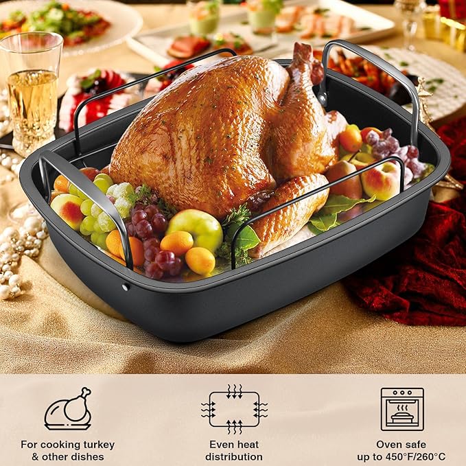 Nonstick Turkey Roasting Pan with Rack - 17×13 Inch Extra Large Roaster Pan, Deep Turkey Tray for Oven, U-Shaped Rack, Wider Handles, Ideal for Ovens, Thanksgiving, and Christmas