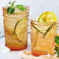 Loivttvv 12pcs Vintage Drinking Glasses Set, 12 oz Highball Glasses & 9 oz Embossed Ribbed Glassware Cups for Thanksgiving Cocktail, Juice, Coffee, Whiskey (Amber)