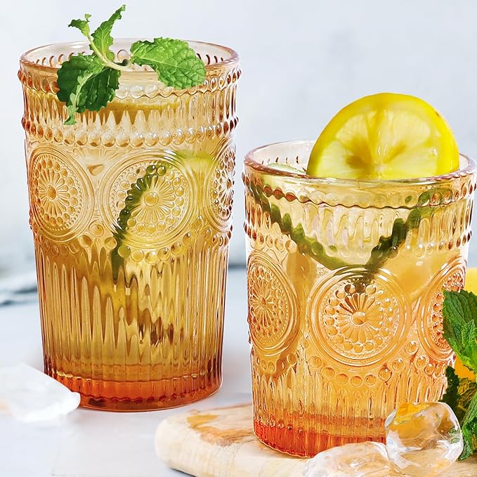 Loivttvv 12pcs Vintage Drinking Glasses Set, 12 oz Highball Glasses & 9 oz Embossed Ribbed Glassware Cups for Thanksgiving Cocktail, Juice, Coffee, Whiskey (Amber)