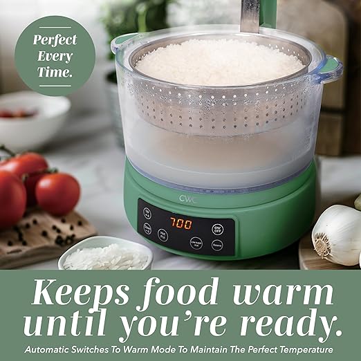 COOK WITH COLOR 3L Glass Mini Low Carb Rice Cooker – Holds 2 Cups Raw/Makes 6 Cups Cooked with Auto Lift Filter Basket, Hotpot & Steamer for Rice, Grains, Digital Panel with Keep Warm, Dark Sage