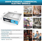 IRONWALLS Commercial Griddle Electric 22”, 3000W Electric Flat Top Grill, Stainless Steel Countertop Electric Griddle Nonstick with 122~572℉Adjustable Temperature Control for Restaurant Kitchen