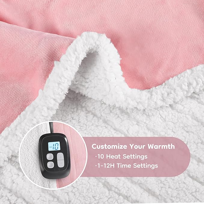 Electric Heated Blanket Twin Size - 62"x84", Soft Flannel Heating Blanket, 10 Heating Levels, 1-12 H Auto Shut Off, Breathable Warm and Washable for Bed, Light Pink