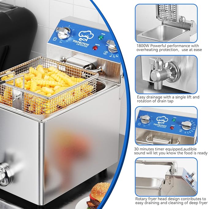 TOPKITCH 6.3Qt Electric Fryer with Oil Drain,30 Minutes Timer,Stretch forming oil tank,Lid and Solid Wire Mesh Basket,Light Duty Commercial Electric Countertop Deep Fryers-120V,1800W