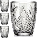 Vintage Drinking Glasses Set of 4, 10 oz Hand-Pressed Clear Glass Cups, Fern Embossed Retro Glassware, Textured Tumblers for Water, Cocktails & Juice, Decorative Kitchen Drinkware, Unique Boho Gift