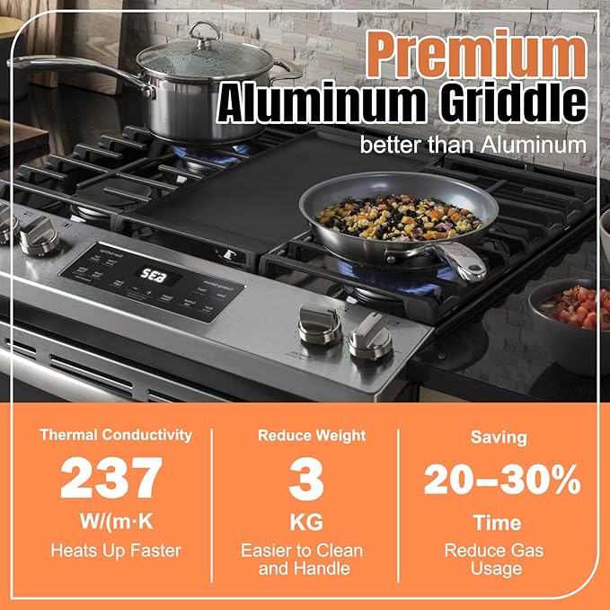 Upgraded WB31X24738 Non-stick Griddle Replacement for GE Appliance Stove Cooktop, Nitriding Process, 19.5"×9" Extra-Large Integrated Aluminum Griddle Plate for GE Gas Stove Top Center