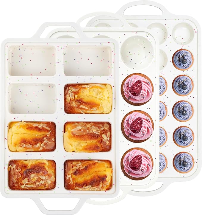 3 Pcs Silicone Baking Pan Set - Including 1 Pc Mini Loaf Pan, Standard Muffin Pan and Mini Muffin Pan - Silicone Cupcake Molds With Metal Reinforced Frame (Cream)