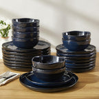 Pokini 24 Piece Ceramic Dinnerware Sets for 8, Starry Blue Reactive Glaze | Unique Coastal Edge for Holiday Gatherings, Thanksgiving, Dinner Parties | Microwave & Dishwasher Safe Stoneware Dish Set