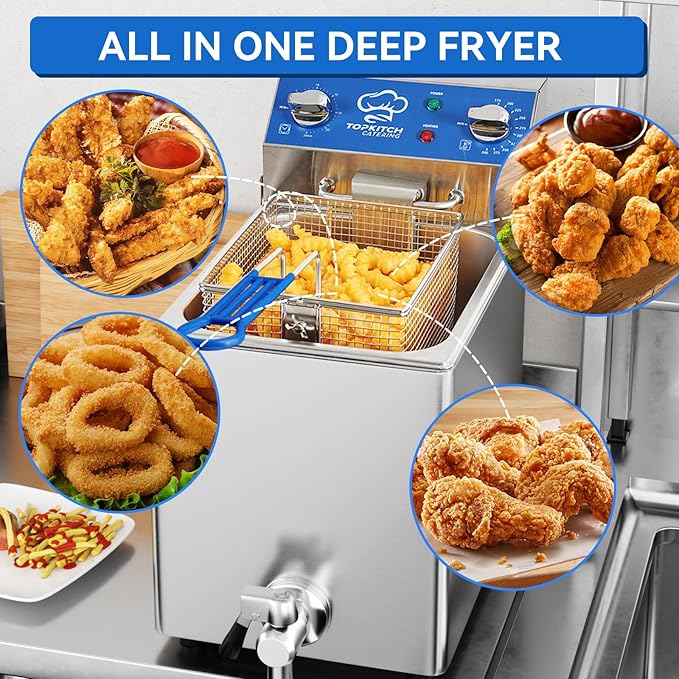 TOPKITCH 8.5Qt Electric Fryer with Oil Drain,30 Minutes Timer,Stretch forming oil tank,Lid and Solid Wire Mesh Basket,Medium Duty Commercial Electric Countertop Deep Fryers-120V,1800W
