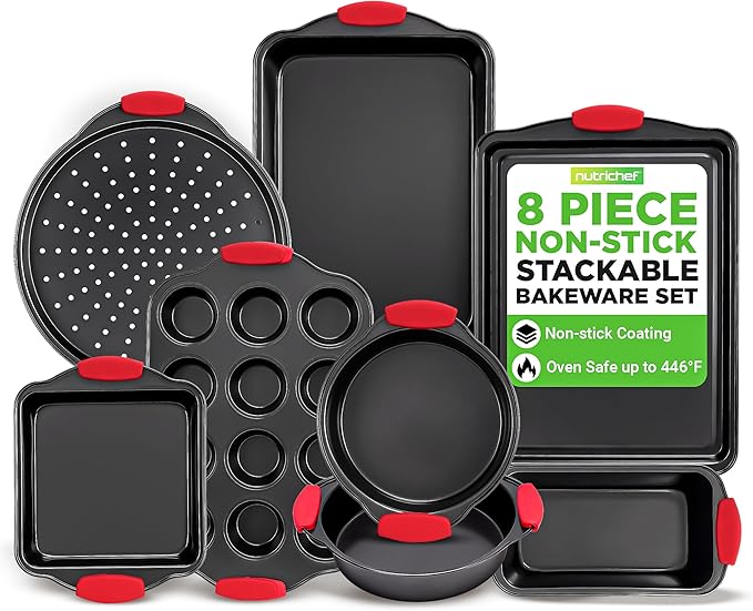NutriChef Non-Stick Kitchen Oven Baking Pans-Deluxe & Stylish Nonstick Gray Coating Inside Outside, Commercial Grade Restaurant Quality Metal Bakeware with Red Silicone Handles NCSBS8S, 8 Piece Set